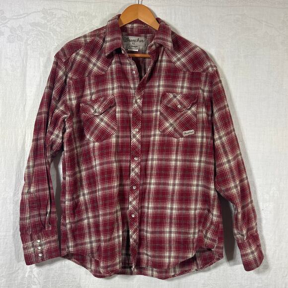 Wrangler Wrancher Flannel XL Red Plaid Pearl Snap Western - Picture 1 of 10